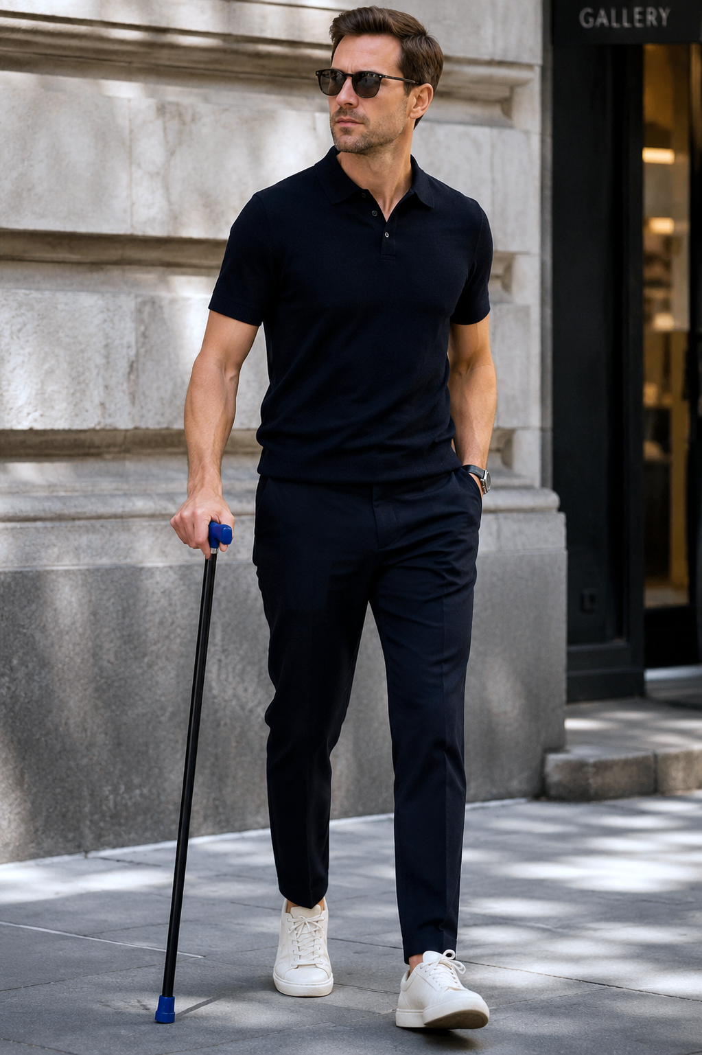 Person walking with a cane on a city street — learning to use a walking cane in the first two weeks