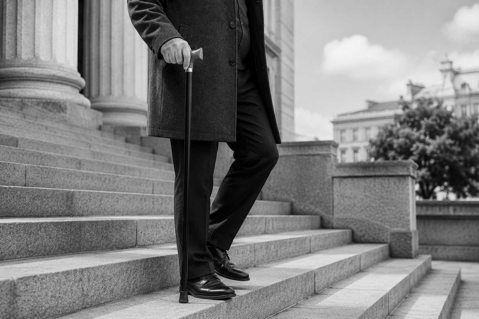 Person using a walking cane to navigate outdoor stone stairs safely