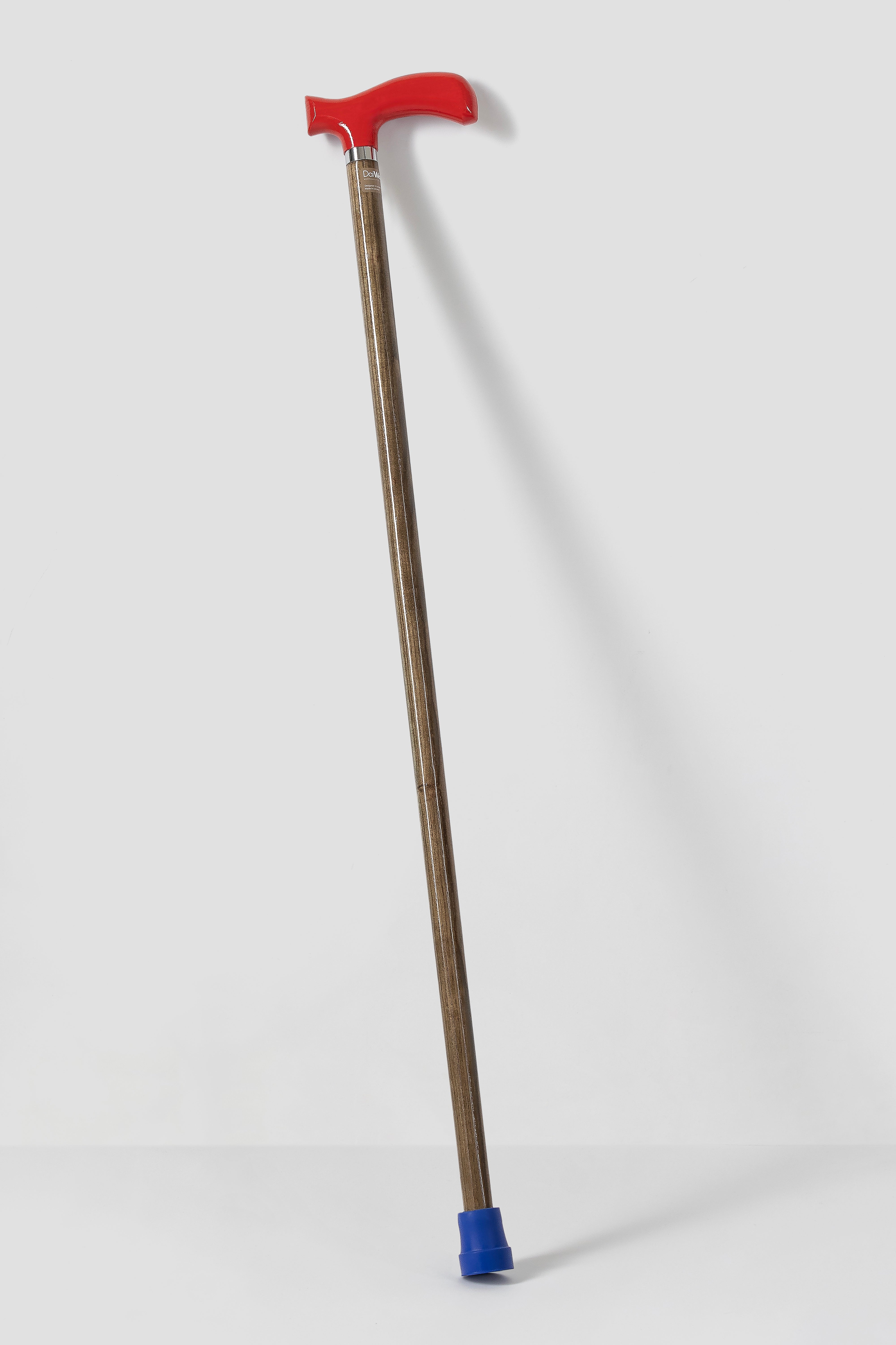 Dark red premium walking cane with light oak wood shaft. Elegant custom length mobility tool for perfect posture.