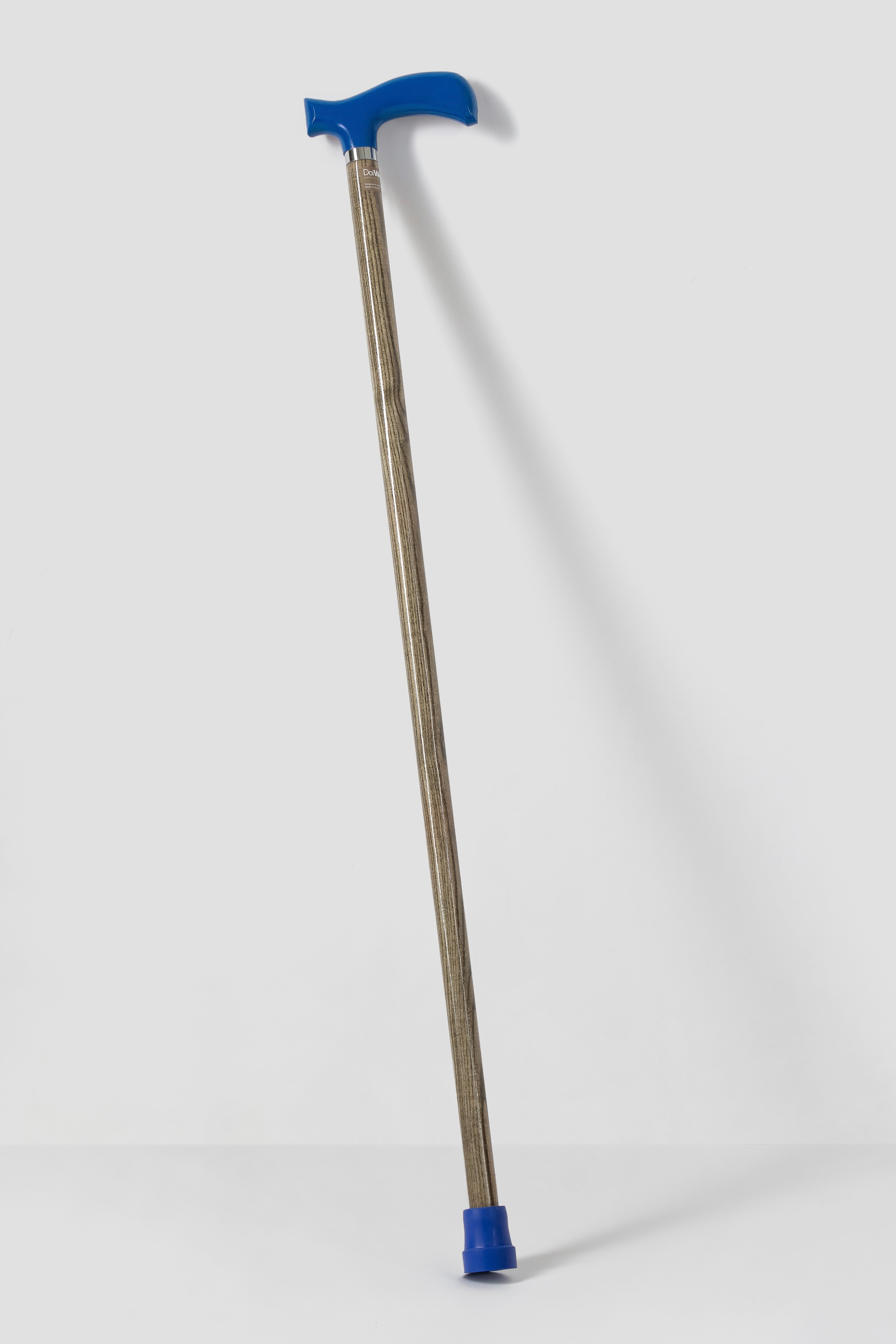 Deep blue luxury walking cane with light oak wood. Anatomical grip designer mobility aid for men and women.