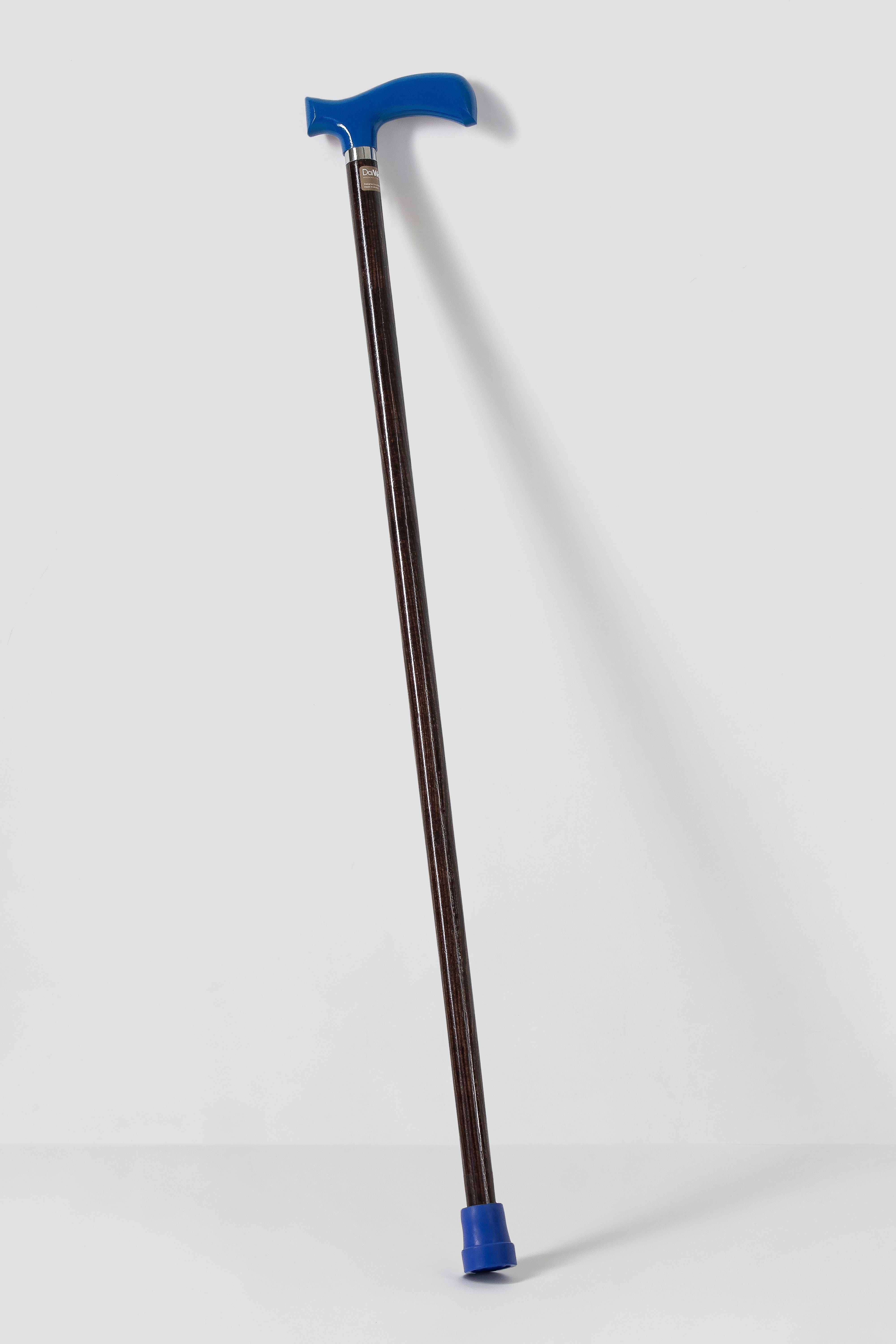 Navy blue ergonomic walking stick on dark oak shaft. Premium custom sized cane for stable and silent performance.