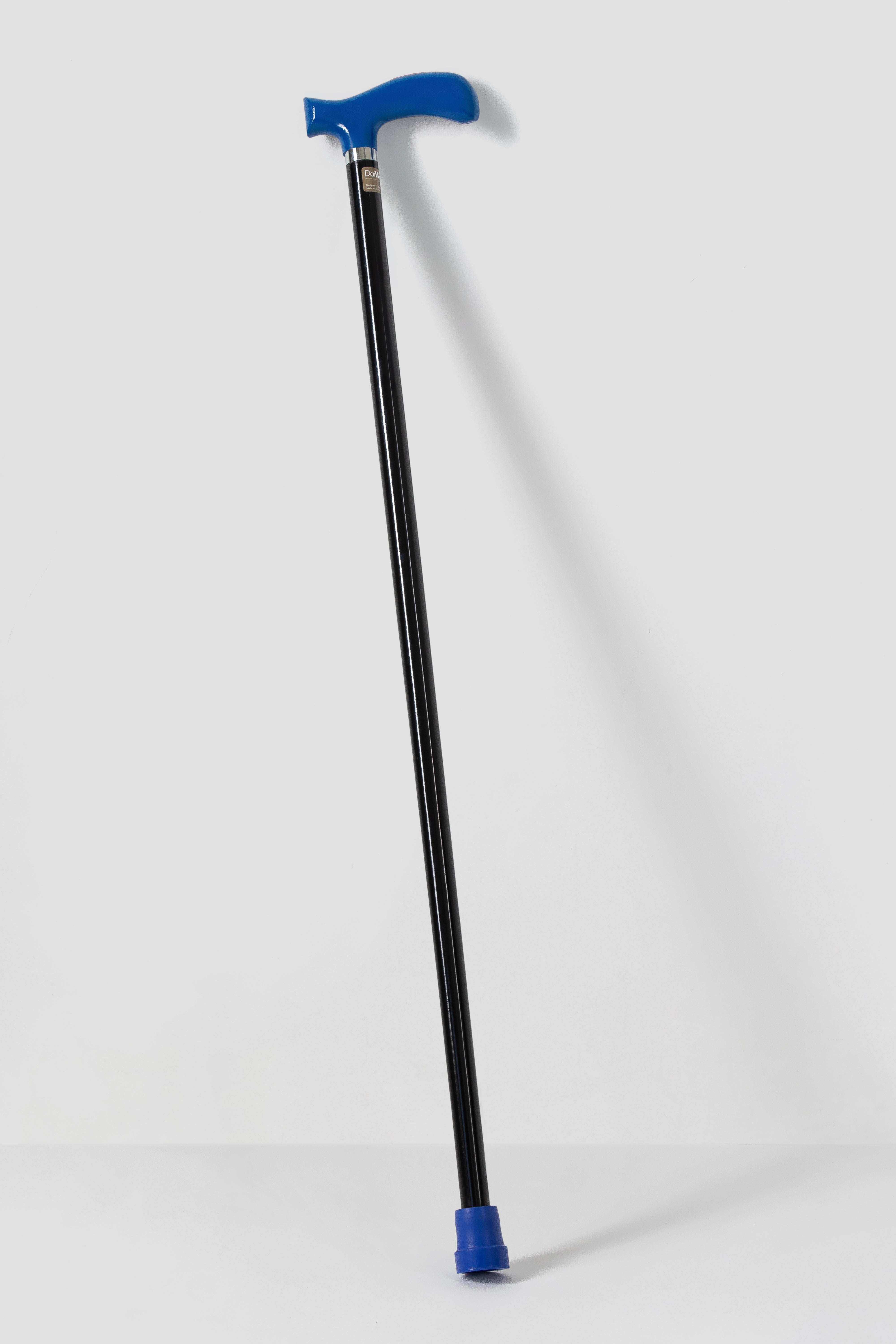 Sleek deep blue handle on matte black shaft. Minimalist luxury walking stick with signature silver ring.