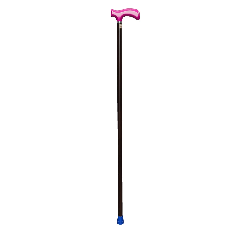 Exploded 3D view of a DaiWalk walking cane construction. Shows the multi-layer solid oak shaft, internal metal reinforcement, and signature connection system. Heavy-duty durability for men.